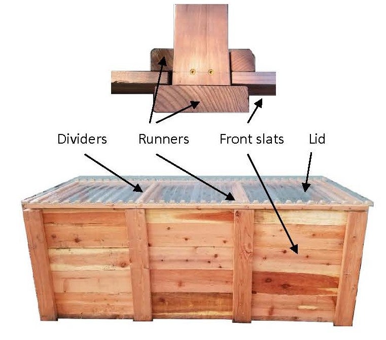 compost 3-bin system made of wood and wire