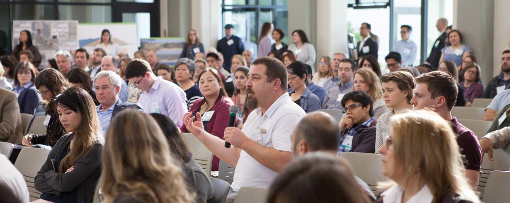 person speaking from audience at San Mateo County water summit in 2018